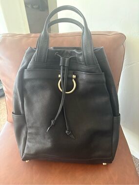 Sapahn Addis Black Leather Drawstring Backpack with Plated Brass Accent Ring